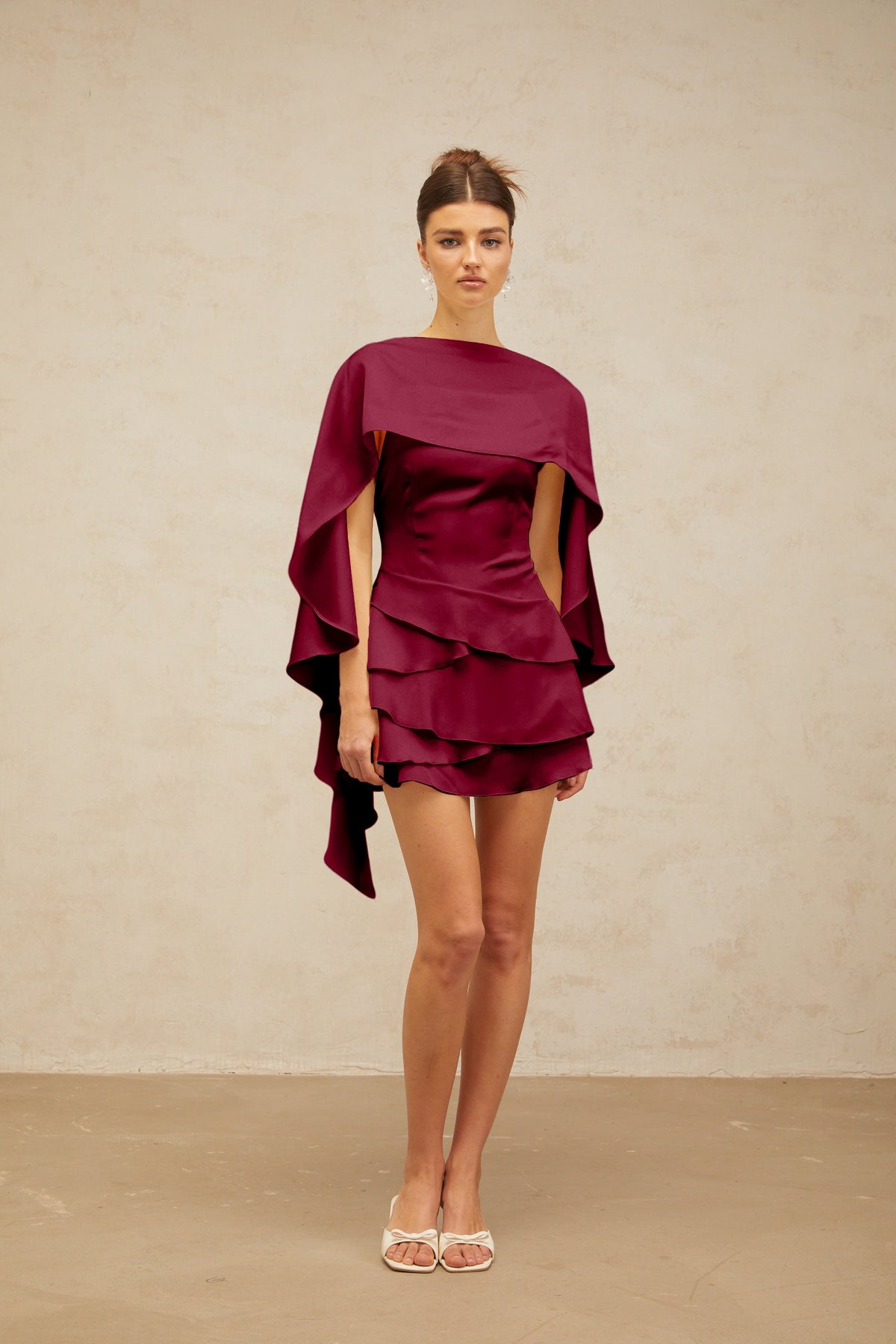 Lyna shawl-panel ruffled satin mini dress in Red