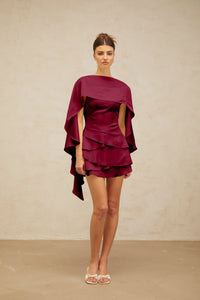 Lyna shawl-panel ruffled satin mini dress in Red