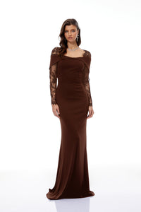 Georgiana Brown Lace Panel Flared Maxi Gown