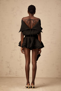 Amélie Black Floral Appliqué Flounced Mini Dress