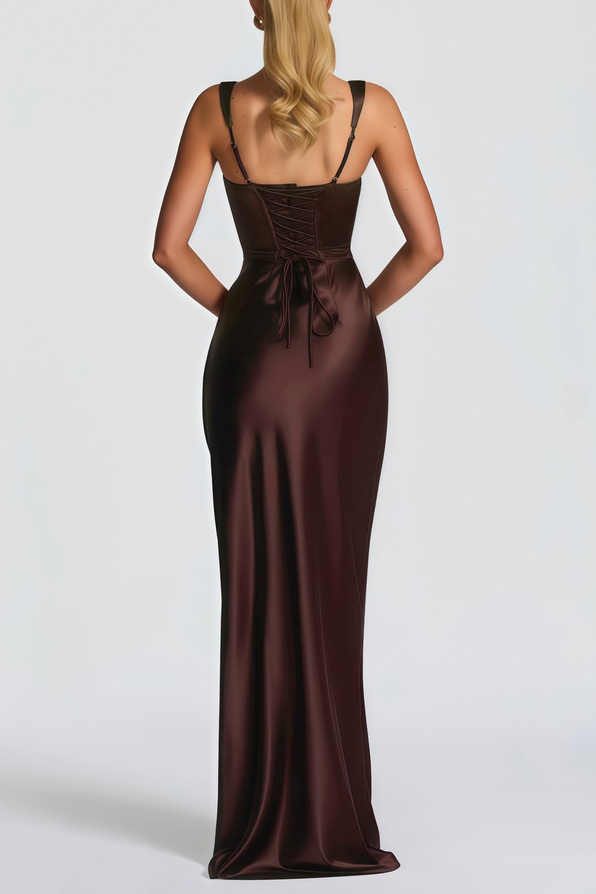 Inmaculada Brown Ruched Satin Maxi Dress (Without Gloves)