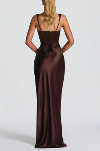 Inmaculada Brown Ruched Satin Maxi Dress (Without Gloves)
