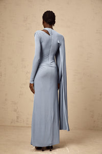 Josette Blue Diagonal Shawl Fitted Maxi Dress