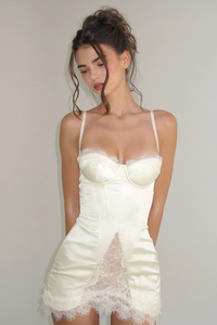 Juliette White Satin Mini Dress with Lace Panels
