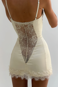 Juliette White Satin Mini Dress with Lace Panels