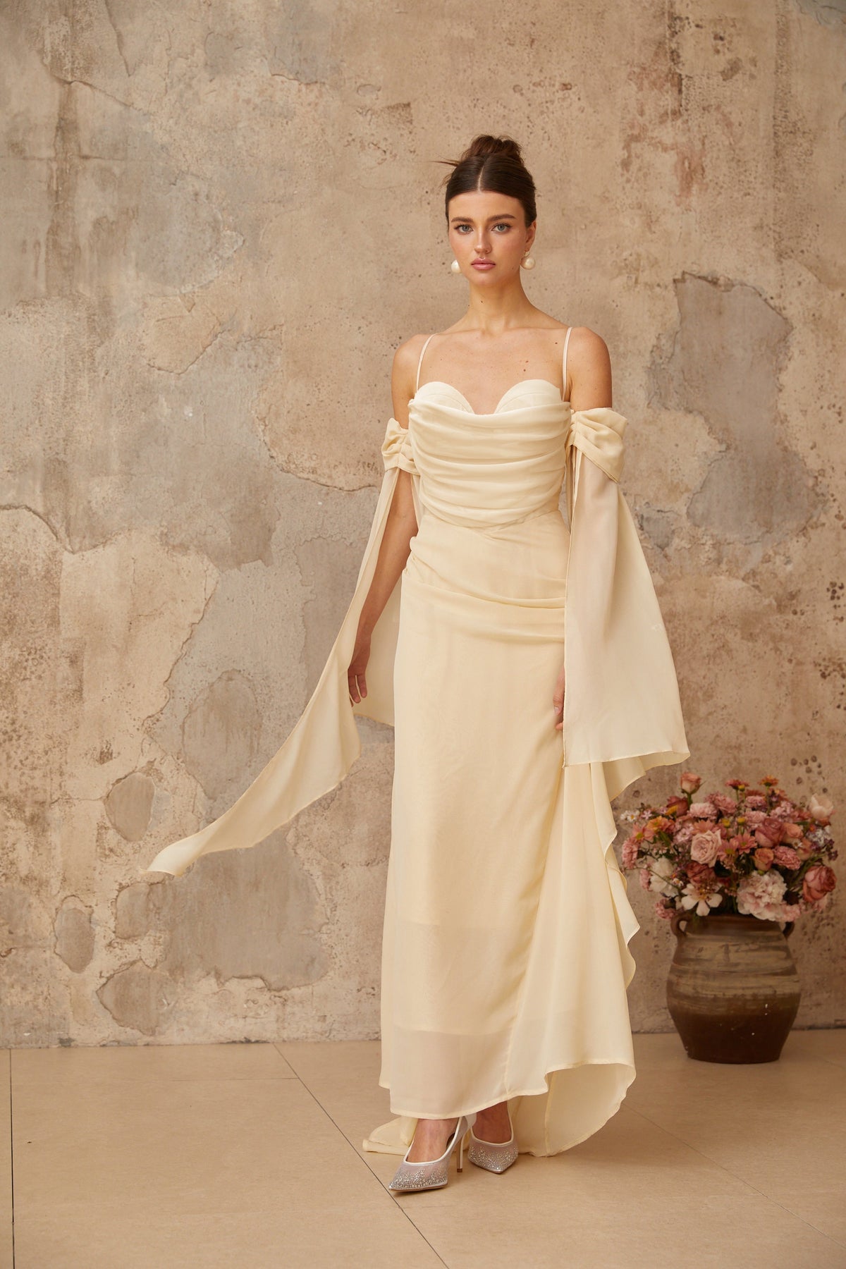 Mélusine Neutral Ruched Chiffon Maxi Dress