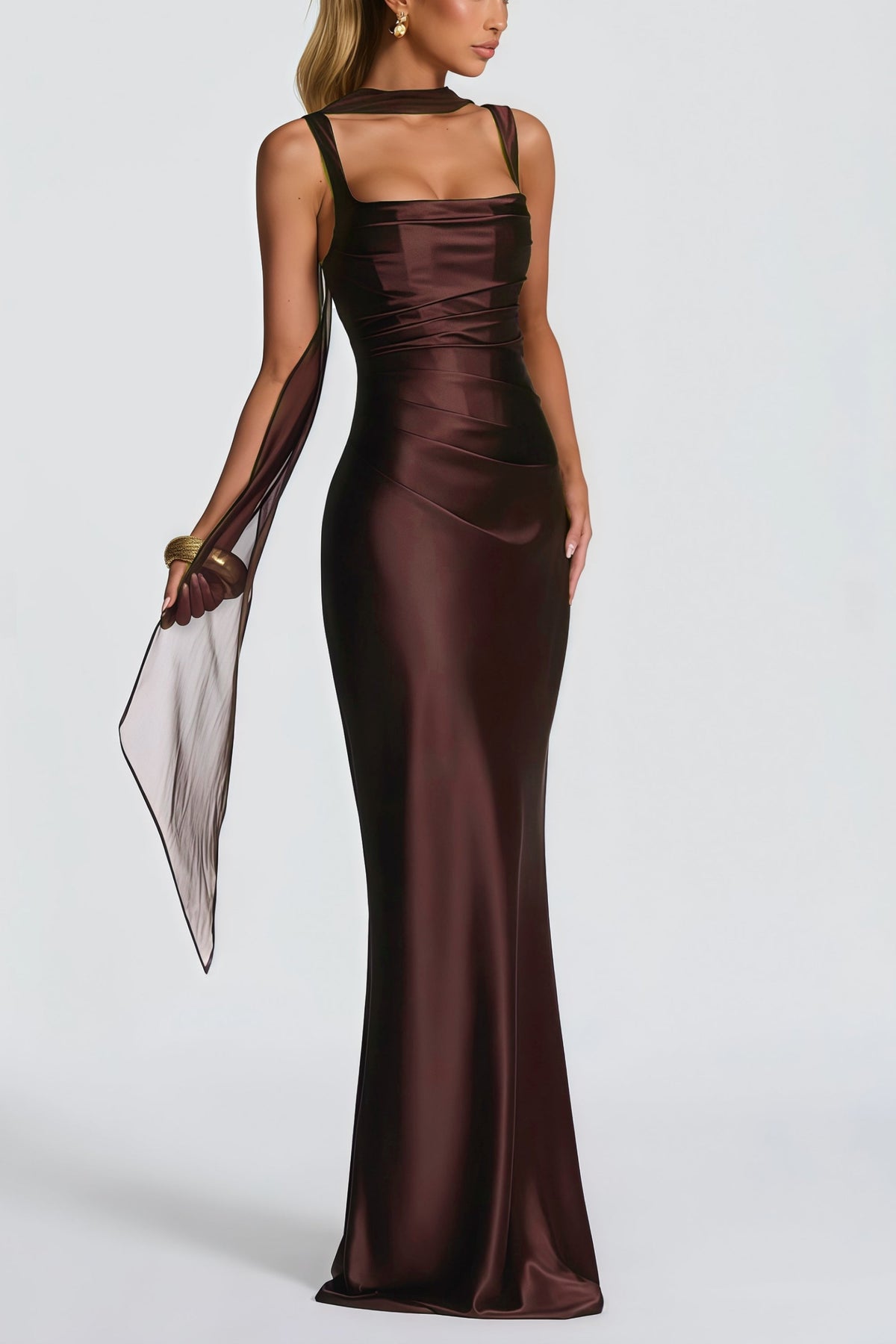 Inmaculada Brown Ruched Satin Maxi Dress (Without Gloves)