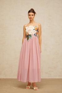 Josette floral-embroidered shirred maxi dress in Pink