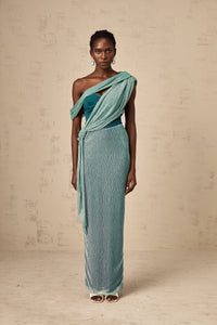 Delphine green ribbon-design corset maxi dress