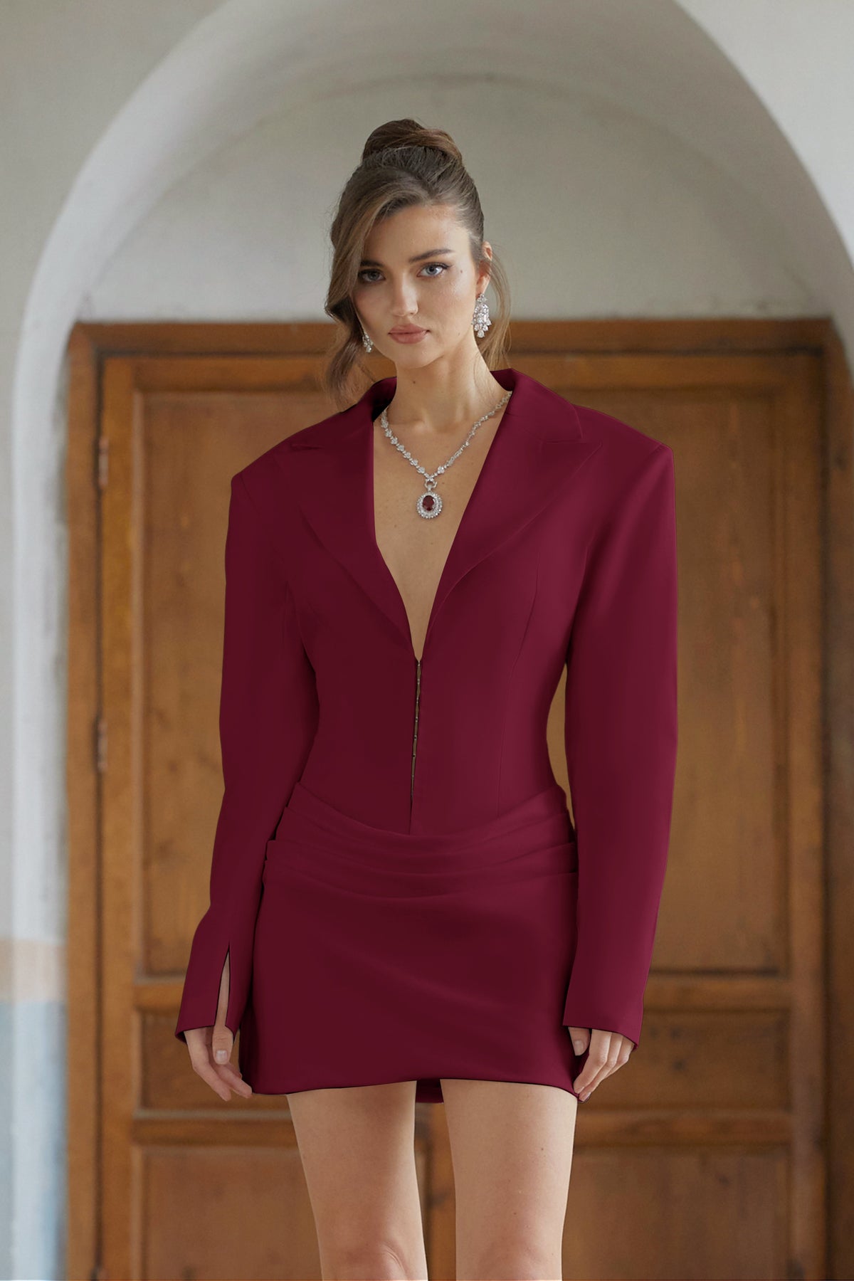 Rosette Burgundy Ruched Blazer Mini Dress