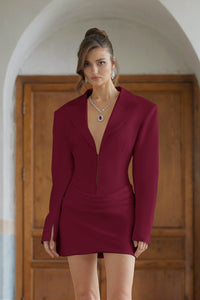 Rosette Burgundy Ruched Blazer Mini Dress