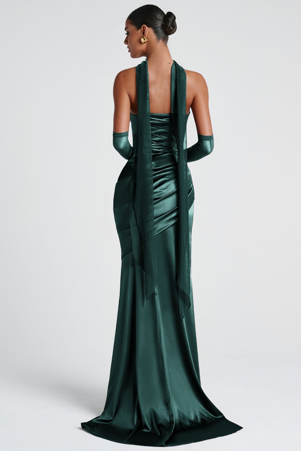 Marilou Green Ruched Satin Maxi Dress