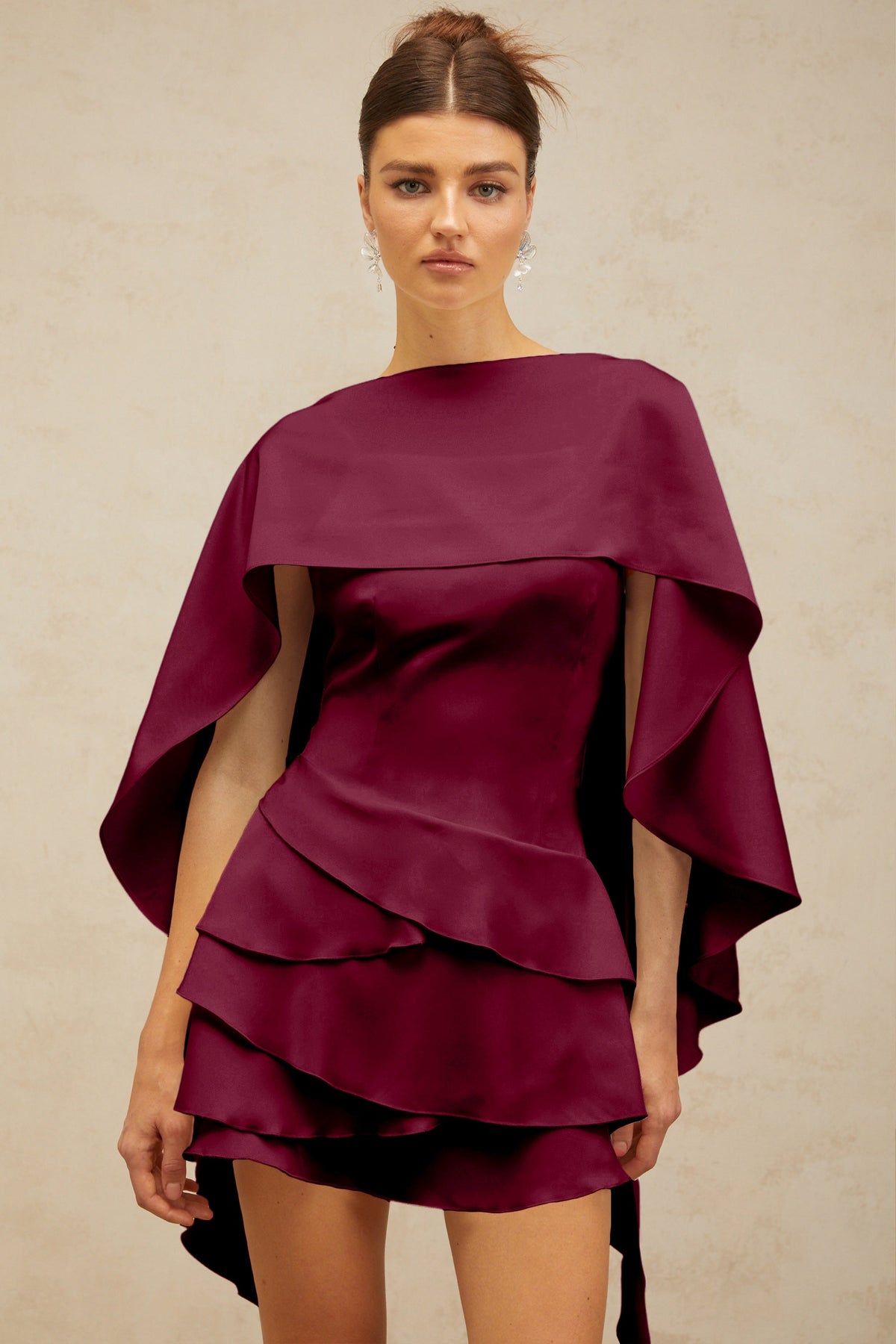 Lyna shawl-panel ruffled satin mini dress in Red