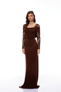 Georgiana Brown Lace Panel Flared Maxi Gown