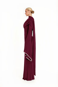 Simona Burgundy One Shoulder Pearl Trim Maxi Gown