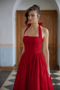 Eponine Red Layered Flared Hem Midi Dress