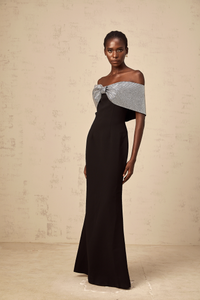 Chloé black rhinestone-bow off-shoulder maxi dress