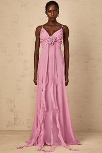 Ysandre Rose-Pink 3D Petal Tulle Maxi Dress