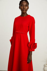 Aurelia red long-sleeve dress with floral embellishments