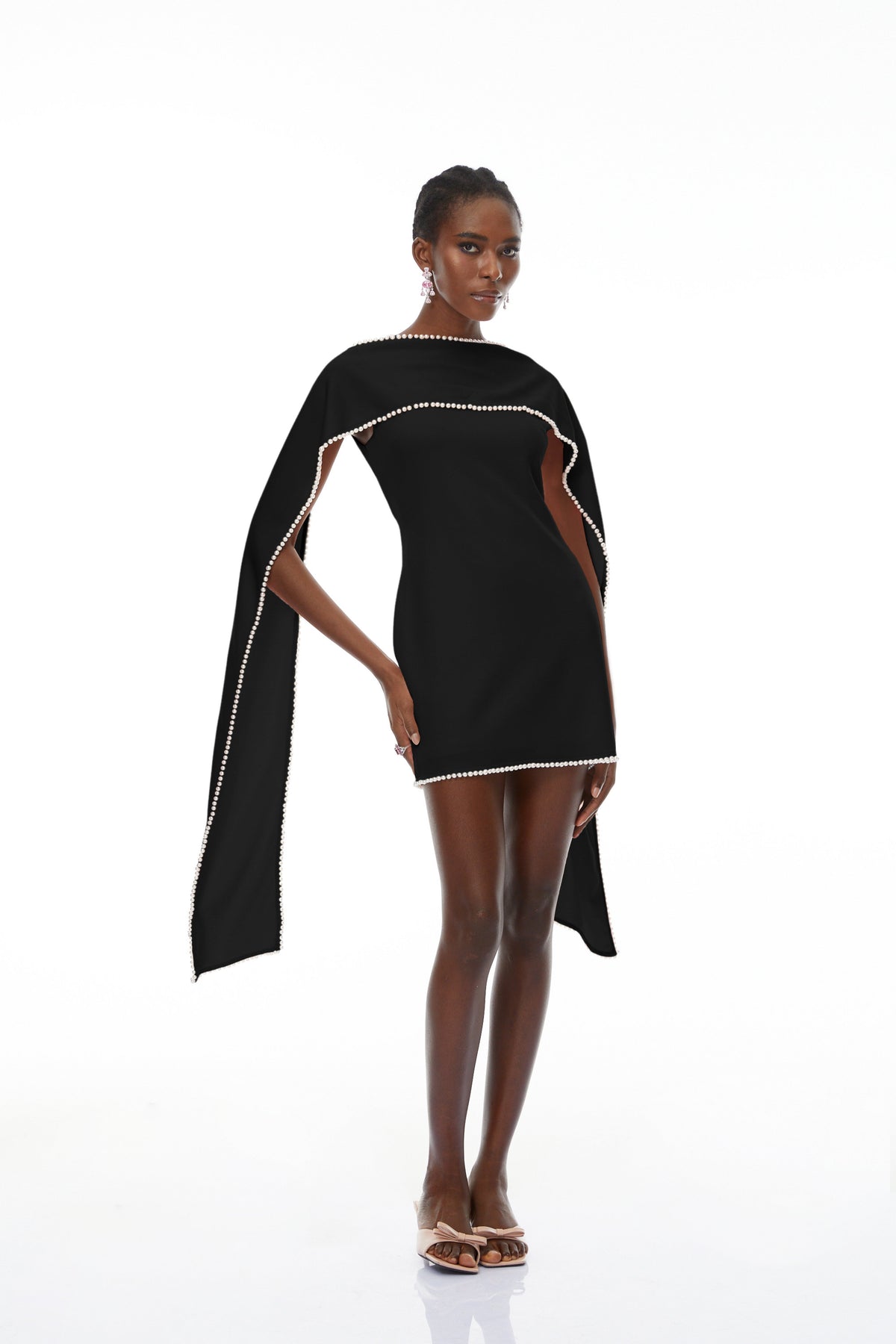 Piroska Black Sleeveless Pearl Trim Mini Dress