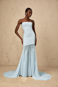 Josiane Blue Off-shoulder Sheer Tulle Maxi Dress