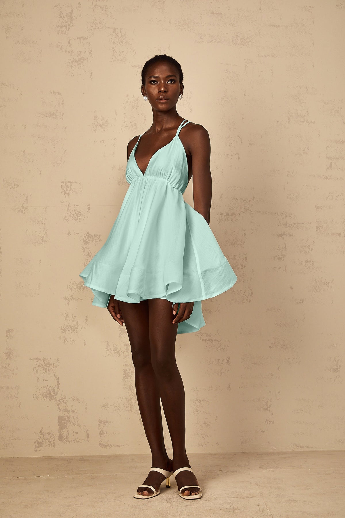 Quincie Green Shirred Flounced Mini Dress