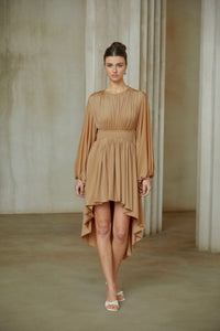 Kenza Pink Asymmetrical Pleated Midi Dress