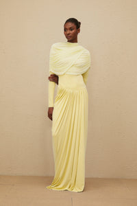 Catherine Yellow Asymmetrical Pleated Long-Sleeve Maxi Dress