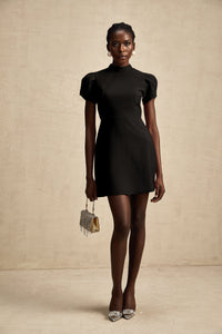 Anna Black Petal-Sleeve Cut-Out Bow Mini Dress