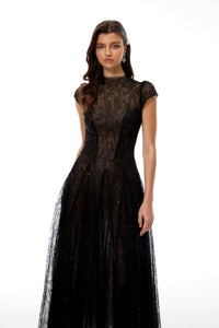 Velia Black Lace Glitter Tulle Maxi Gown