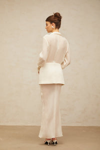 Gisèle white panelled semi-sheer maxi dress
