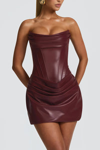 Agnes Brown Ruched Leather Bodycon Mini Dress