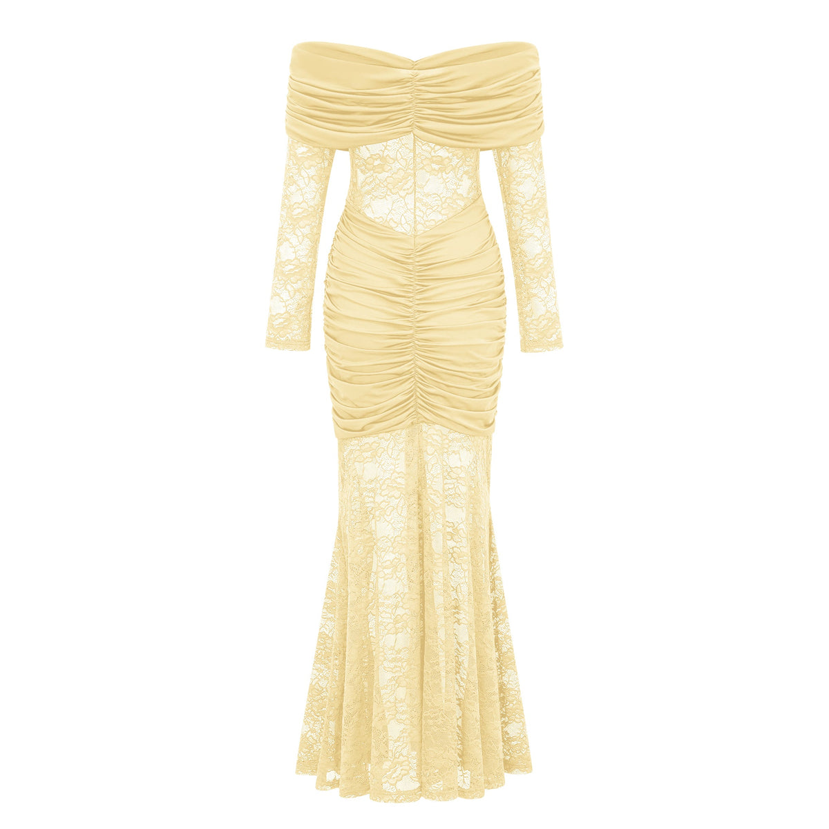 Brigitte Yellow Lace Panel Ruched Maxi Dress