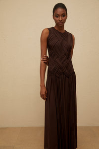 Daphné Brown Asymmetrical Braided Tulle Midi Dress