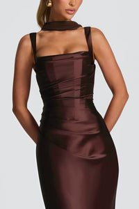 Inmaculada Brown Ruched Satin Maxi Dress (Without Gloves)