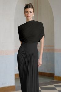 Catherine Black Asymmetrical Pleated Maxi Dress