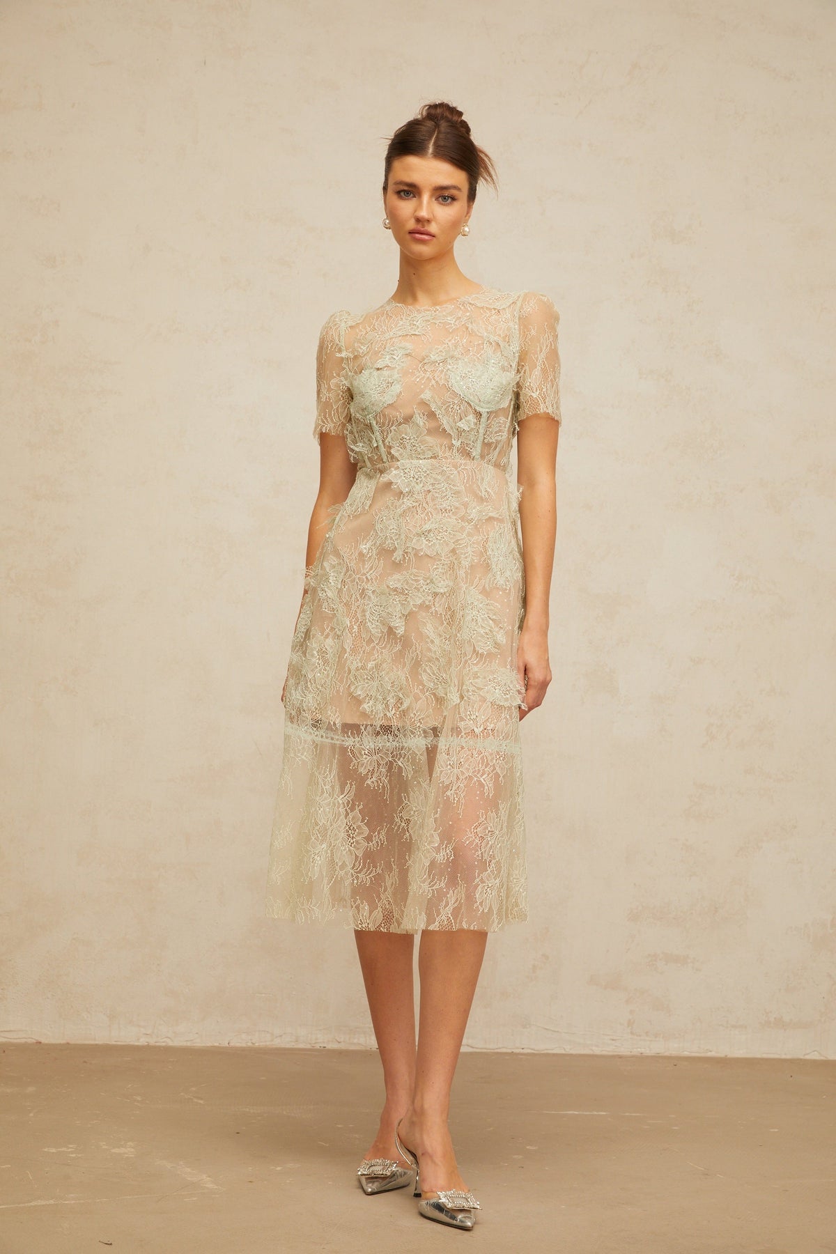 Xaviera mint-green floral-lace midi dress