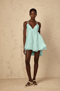 Quincie Green Shirred Flounced Mini Dress