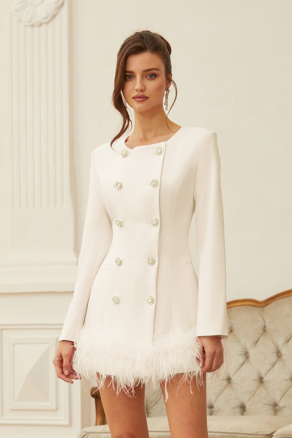 Freja White Feather Trim Mini Blazer Dress