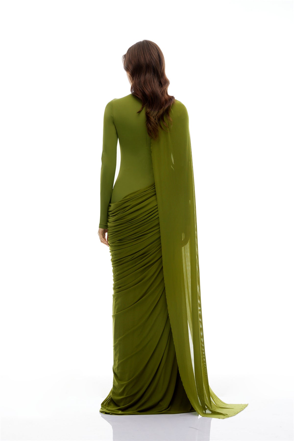 Emilia Green Asymmetrical Ribbon Draped Maxi Dress