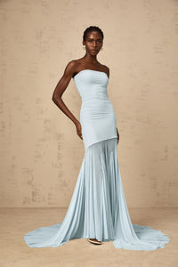Josiane Blue Off-shoulder Sheer Tulle Maxi Dress