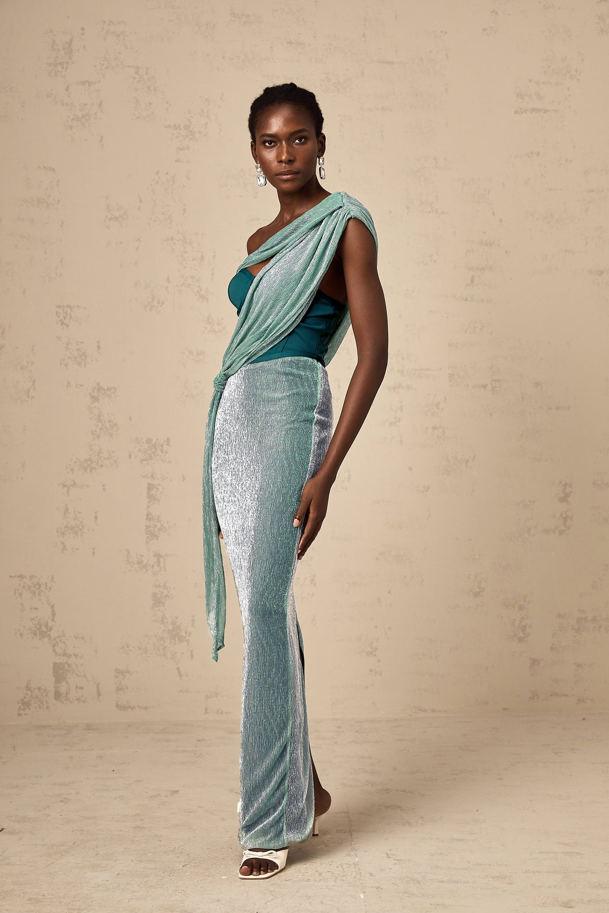 Delphine green ribbon-design corset maxi dress