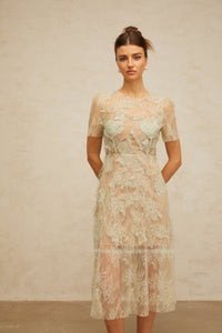 Xaviera mint-green floral-lace midi dress