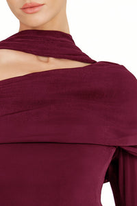 Simona Burgundy One Shoulder Pearl Trim Maxi Gown