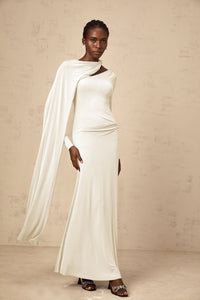Josette White Diagonal Shawl Fitted Maxi Dress