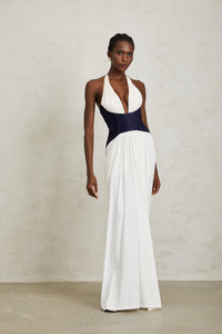Airi White Halterneck Denim Panel Maxi Dress
