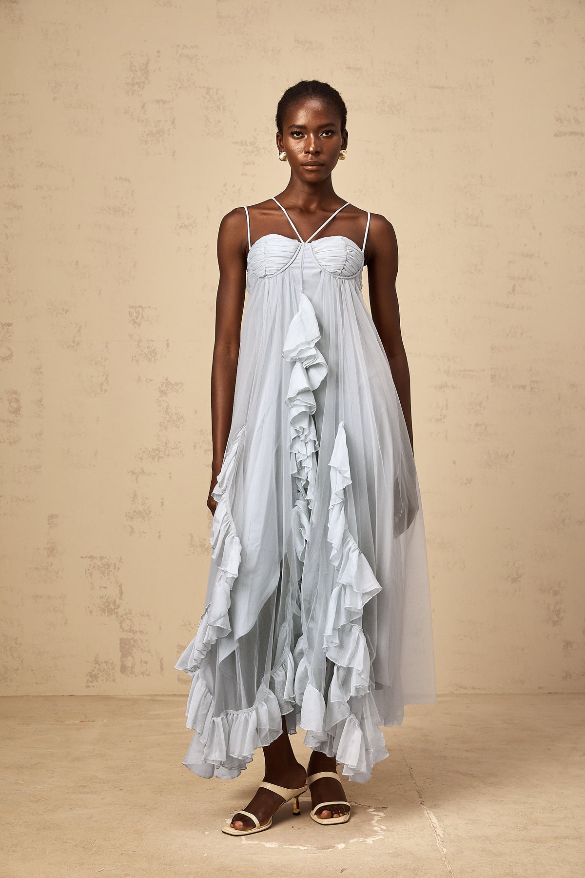 Colette layered ruffled tulle maxi dress in Blue