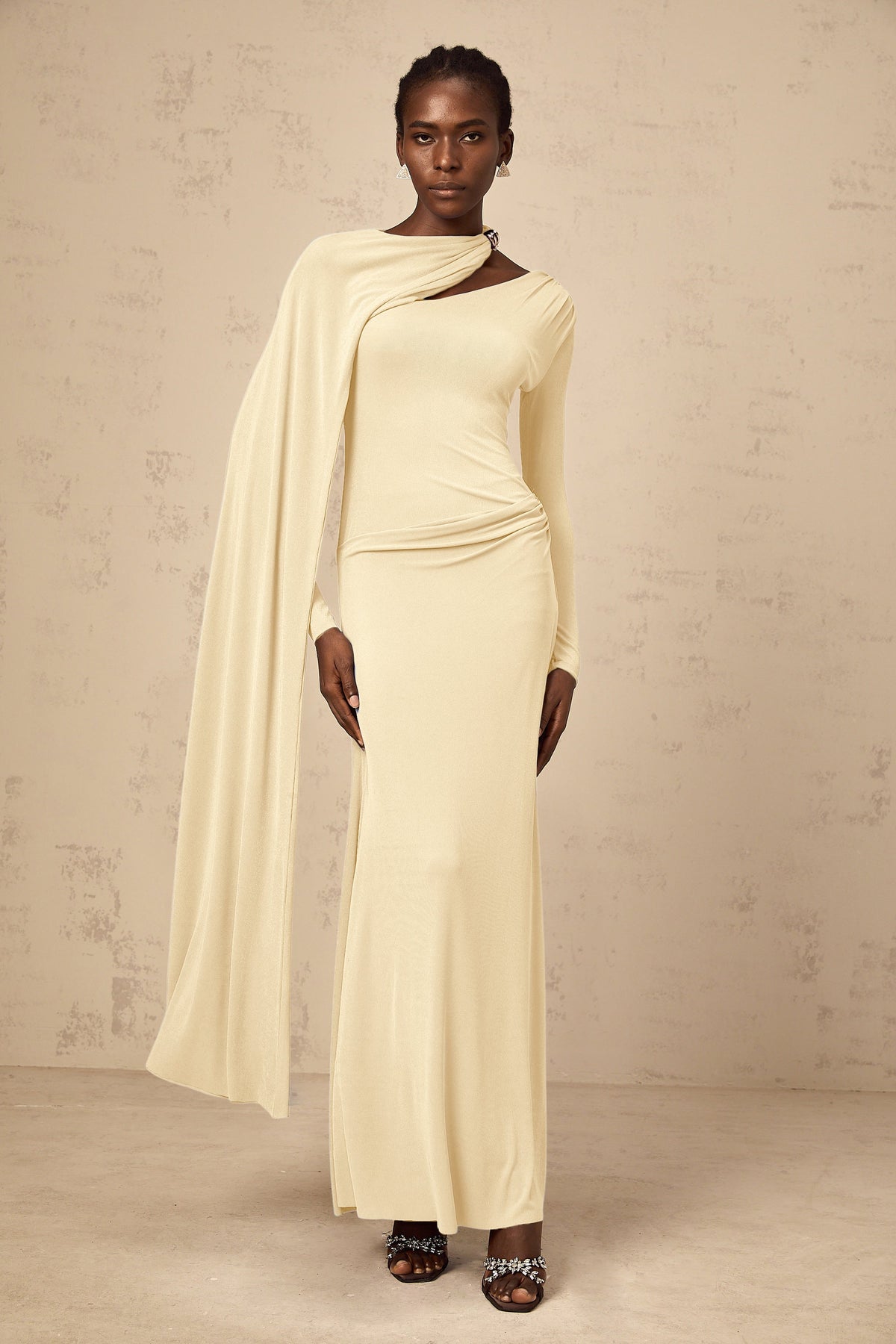 Josette Yellow Diagonal Shawl Fitted Maxi Dress
