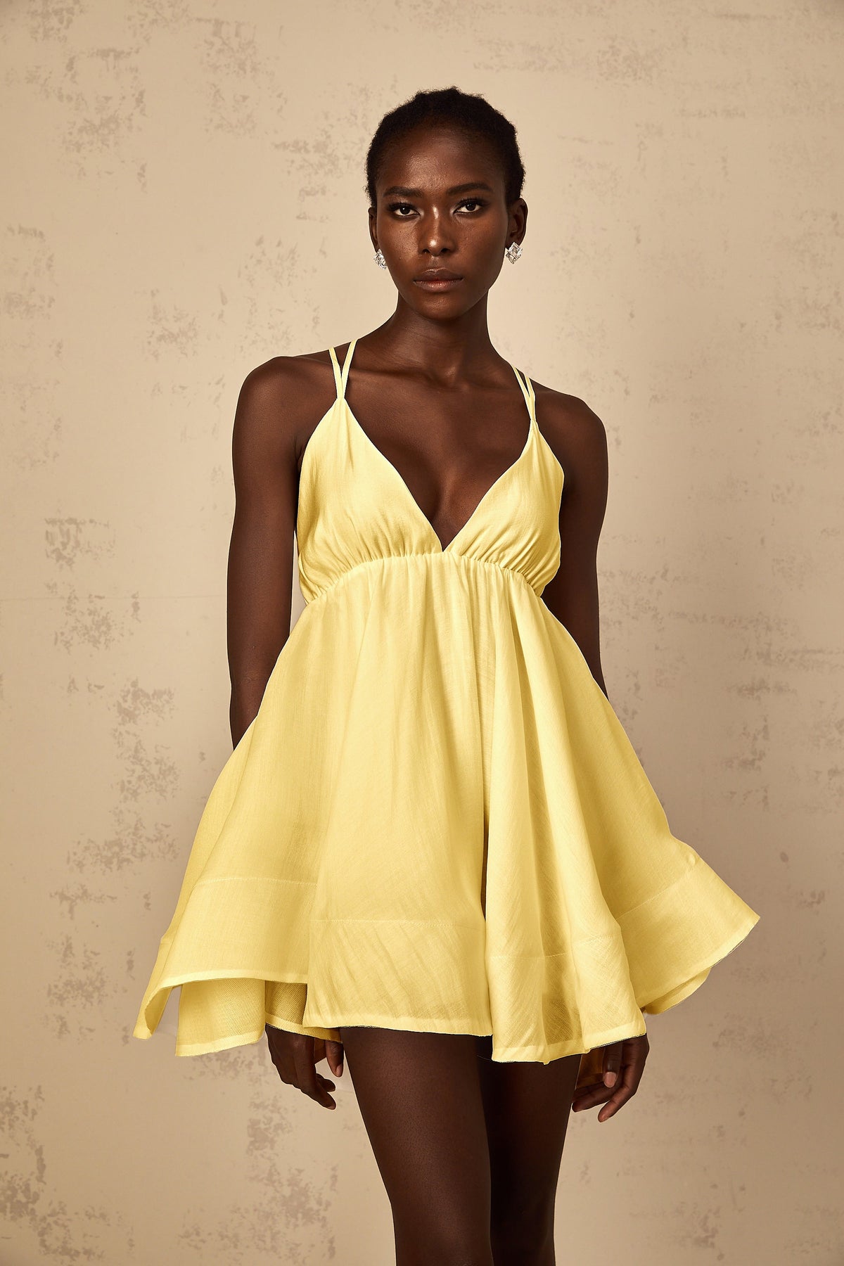 Quincie Yellow Shirred Flounced Mini Dress
