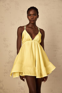 Quincie Yellow Shirred Flounced Mini Dress